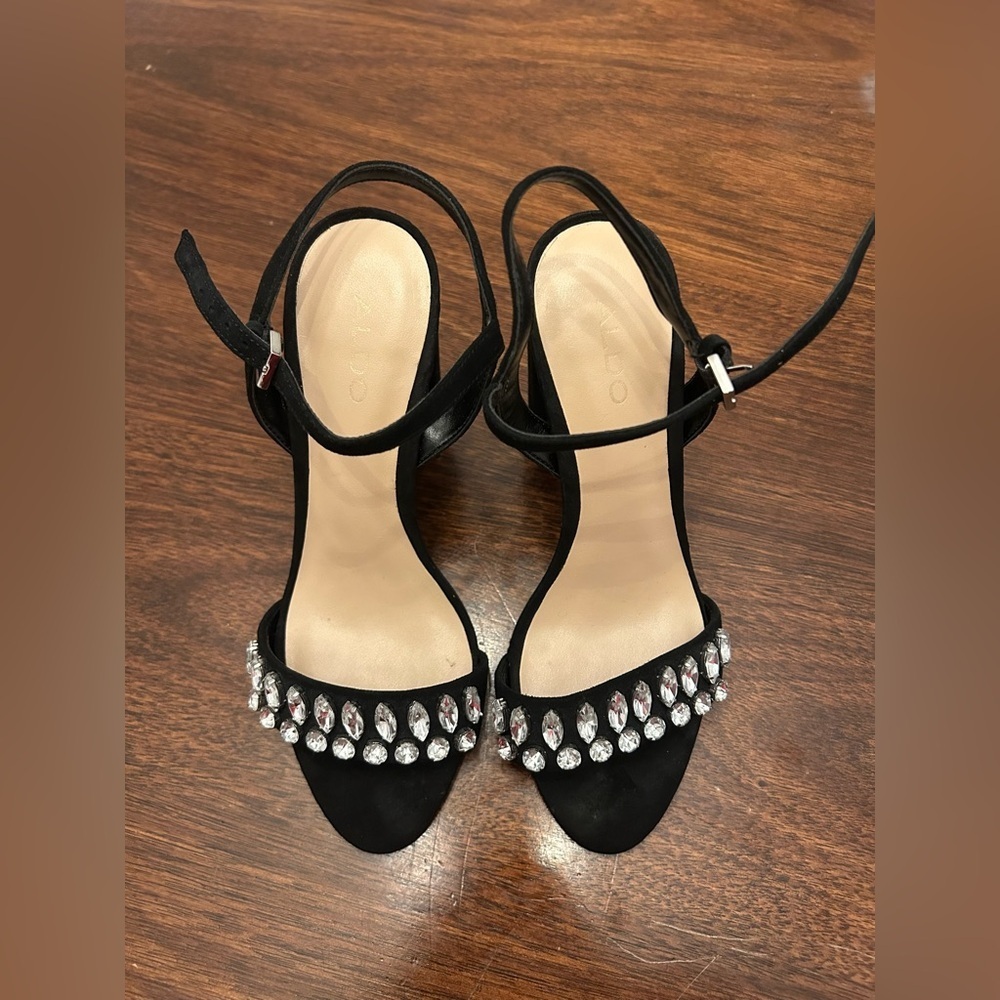 Aldo Black Crystal-Embellished Ankle-Strap Heels